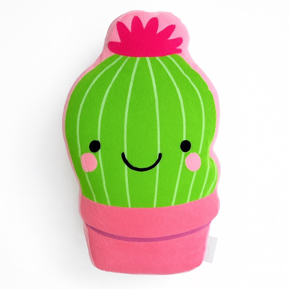 Cute Cactus Plush Pillow Smiling Green Succulent with Pink Pot Pink Flower NWT